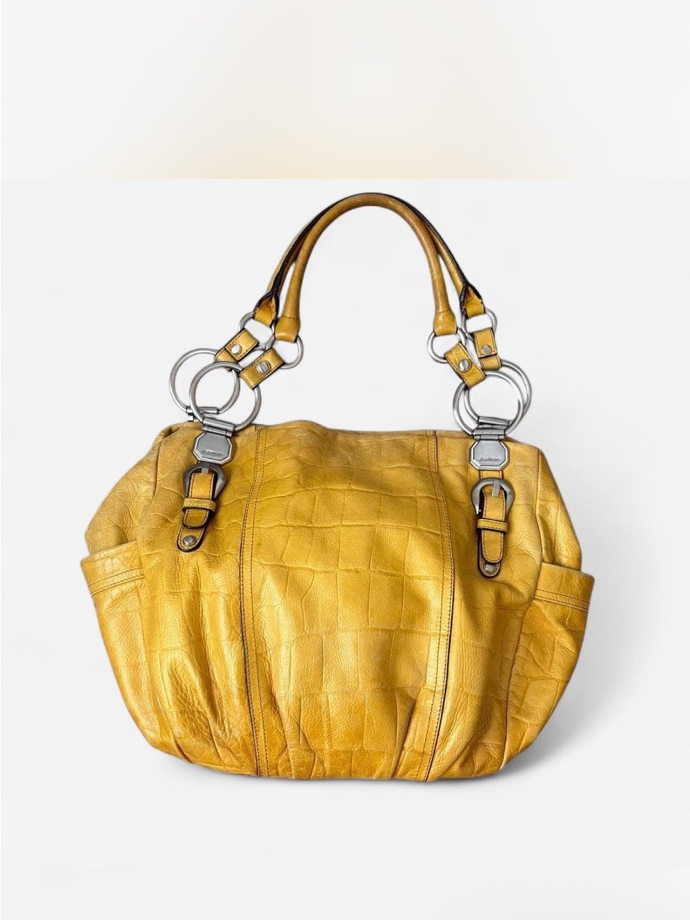 B. Makowsky Yellow Croc Embossed Leather Shoulder Bag w/ Silver O-Ring Hardware